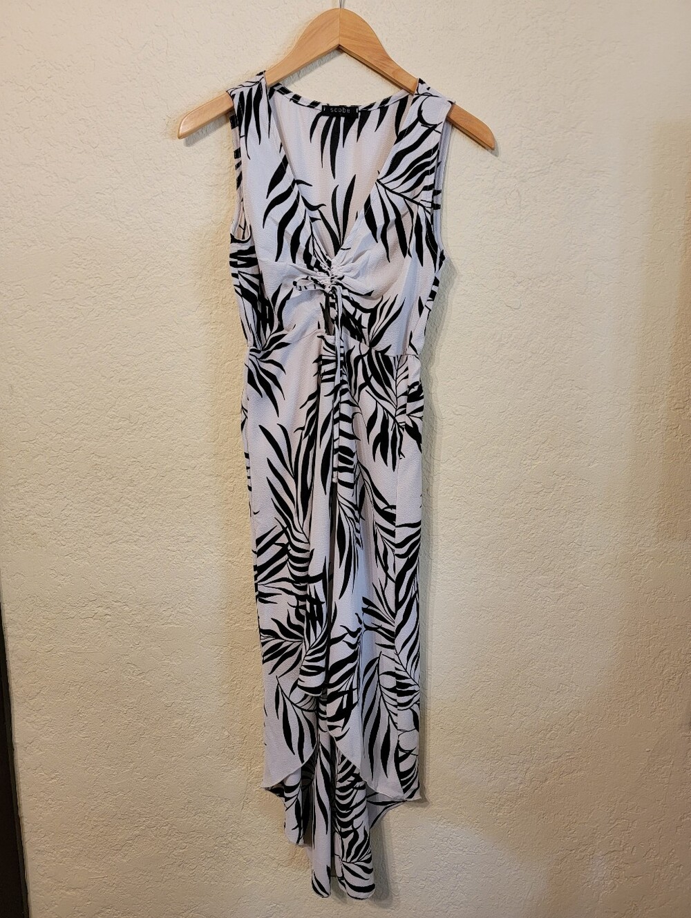 Scobe Tropical Palm Print High-Low Maxi Dress - Ivory & Black Sz S